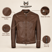 Brown men's snap-collar lambskin biker jacket, infographic.