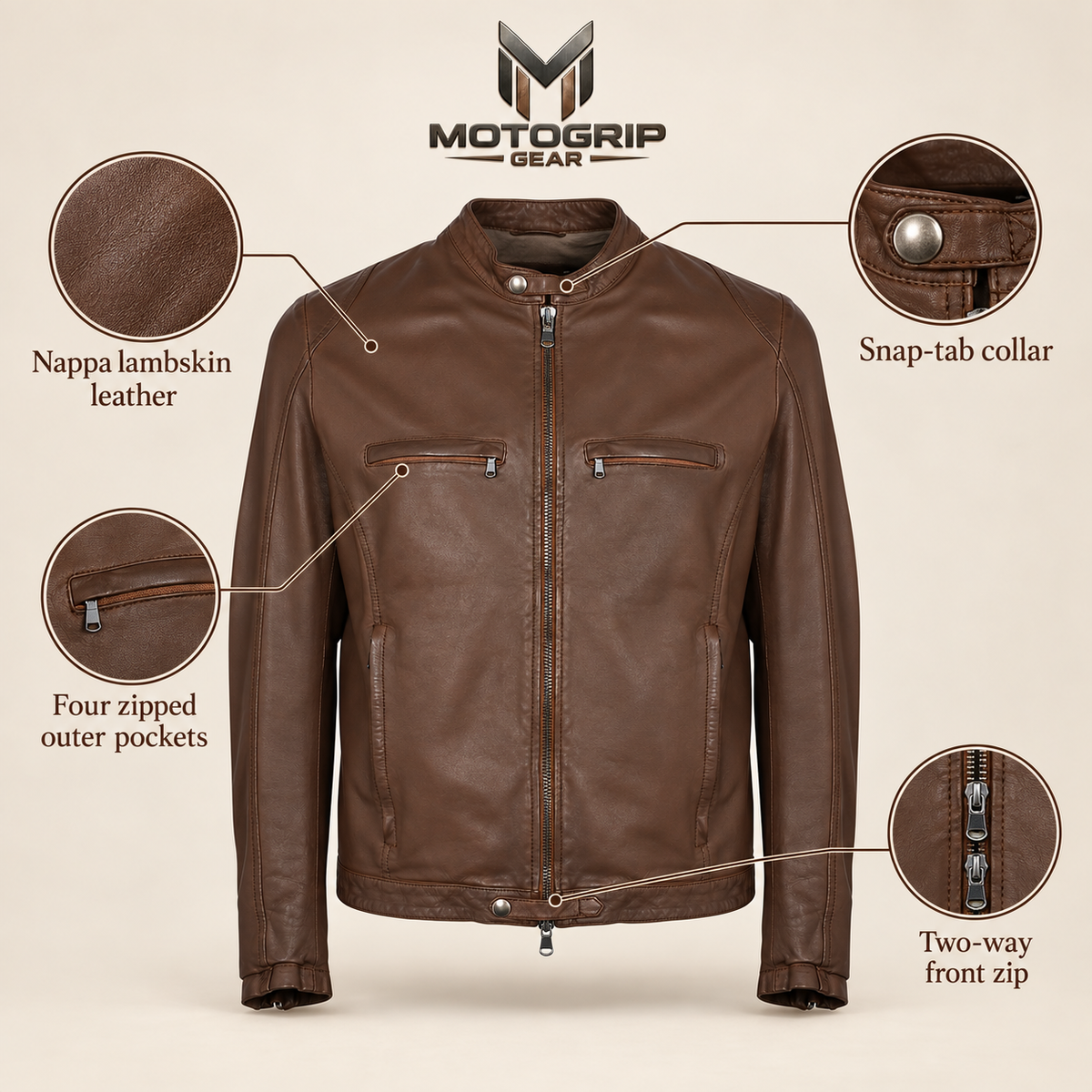 Brown men's snap-collar lambskin biker jacket, infographic.