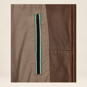 Brown men's snap-collar lambskin biker jacket, inner.