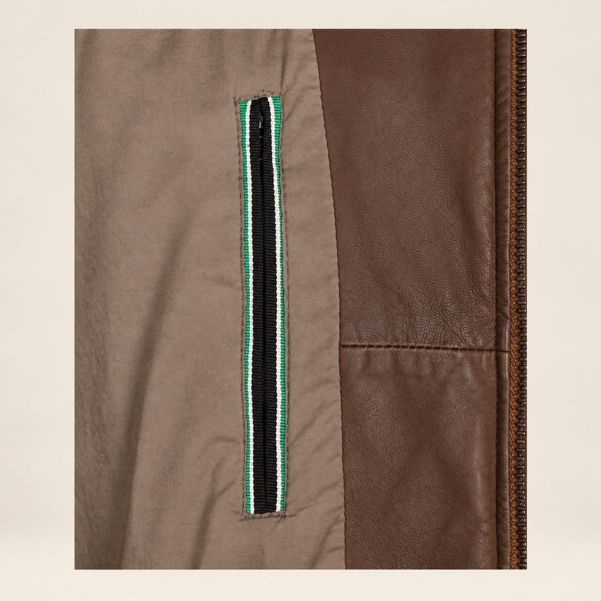 Brown men's snap-collar lambskin biker jacket, inner.