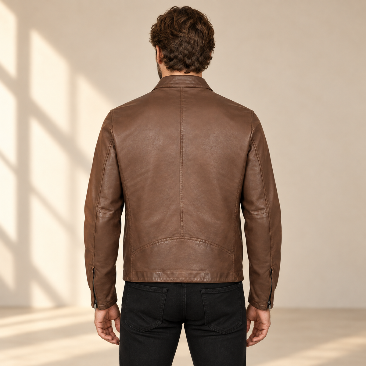 Brown men's snap-collar lambskin biker jacket, model back.
