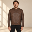 Brown men's snap-collar lambskin biker jacket, model front.