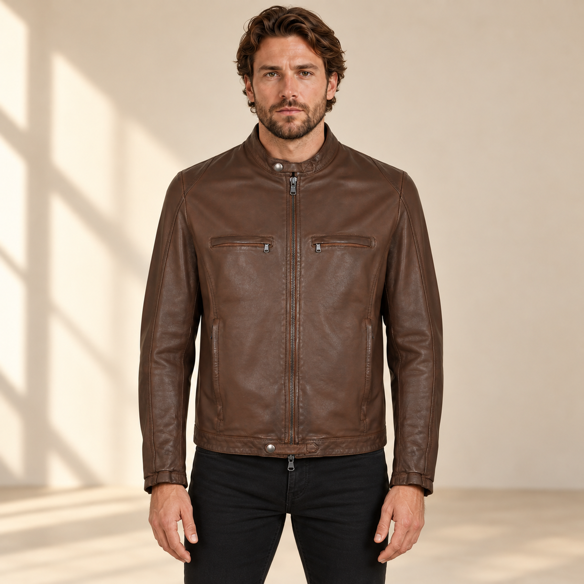Brown men's snap-collar lambskin biker jacket, model front.