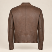 Brown men's snap-collar lambskin biker jacket, product back.