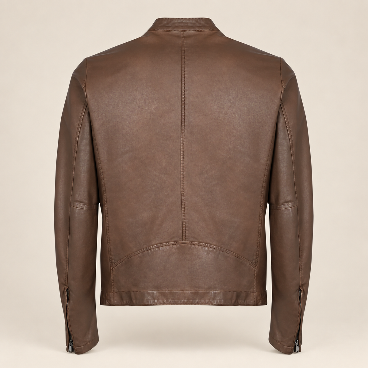 Brown men's snap-collar lambskin biker jacket, product back.