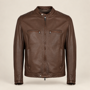 Brown men's snap-collar lambskin biker jacket, product front.