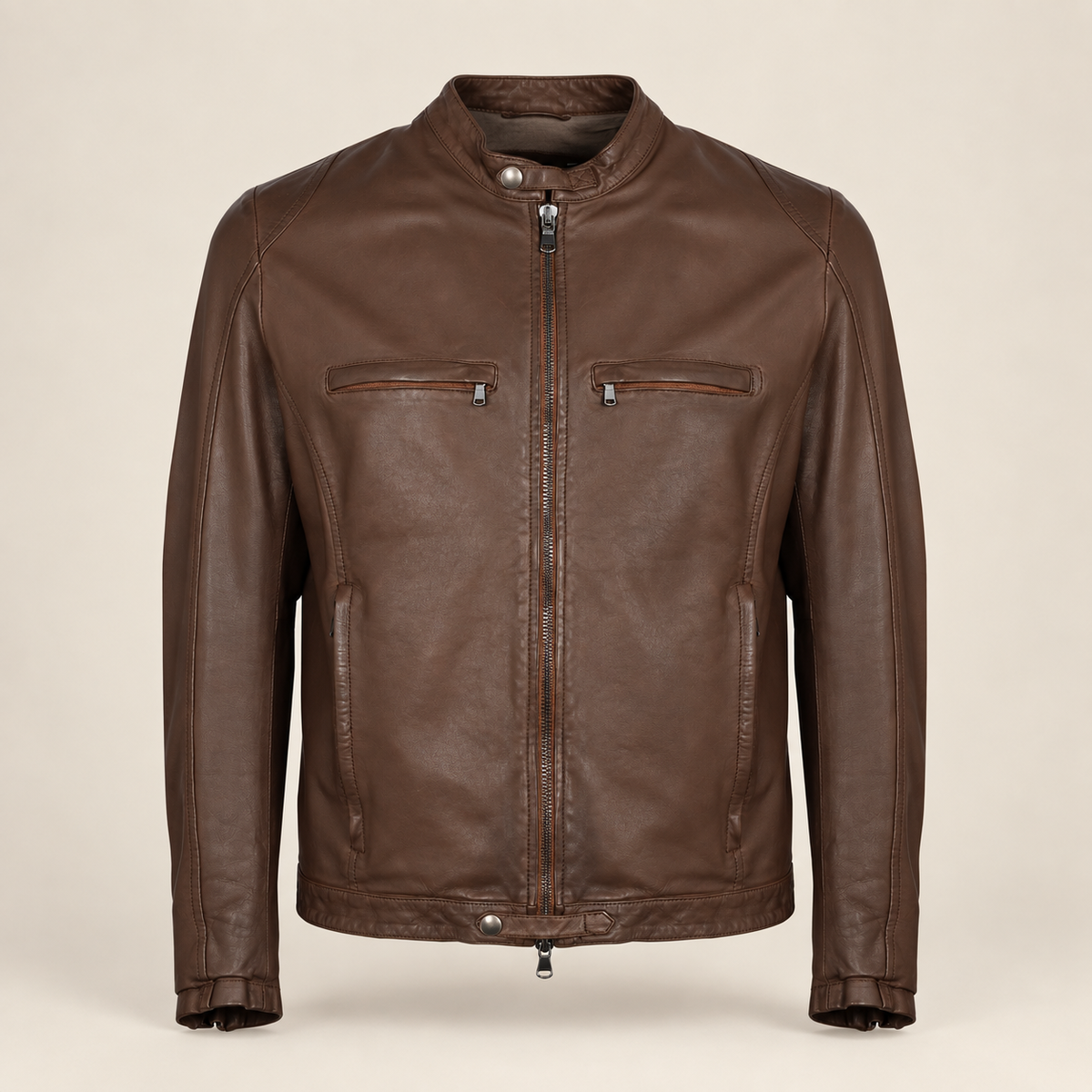 Brown men's snap-collar lambskin biker jacket, product front.