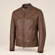 Brown men's snap-collar lambskin biker jacket, side angle.