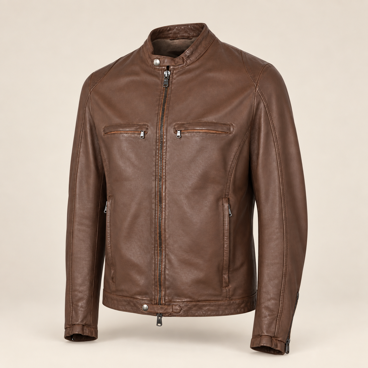Brown men's snap-collar lambskin biker jacket, side angle.