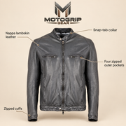 Grey men's snap-collar lambskin biker jacket, infographic.
