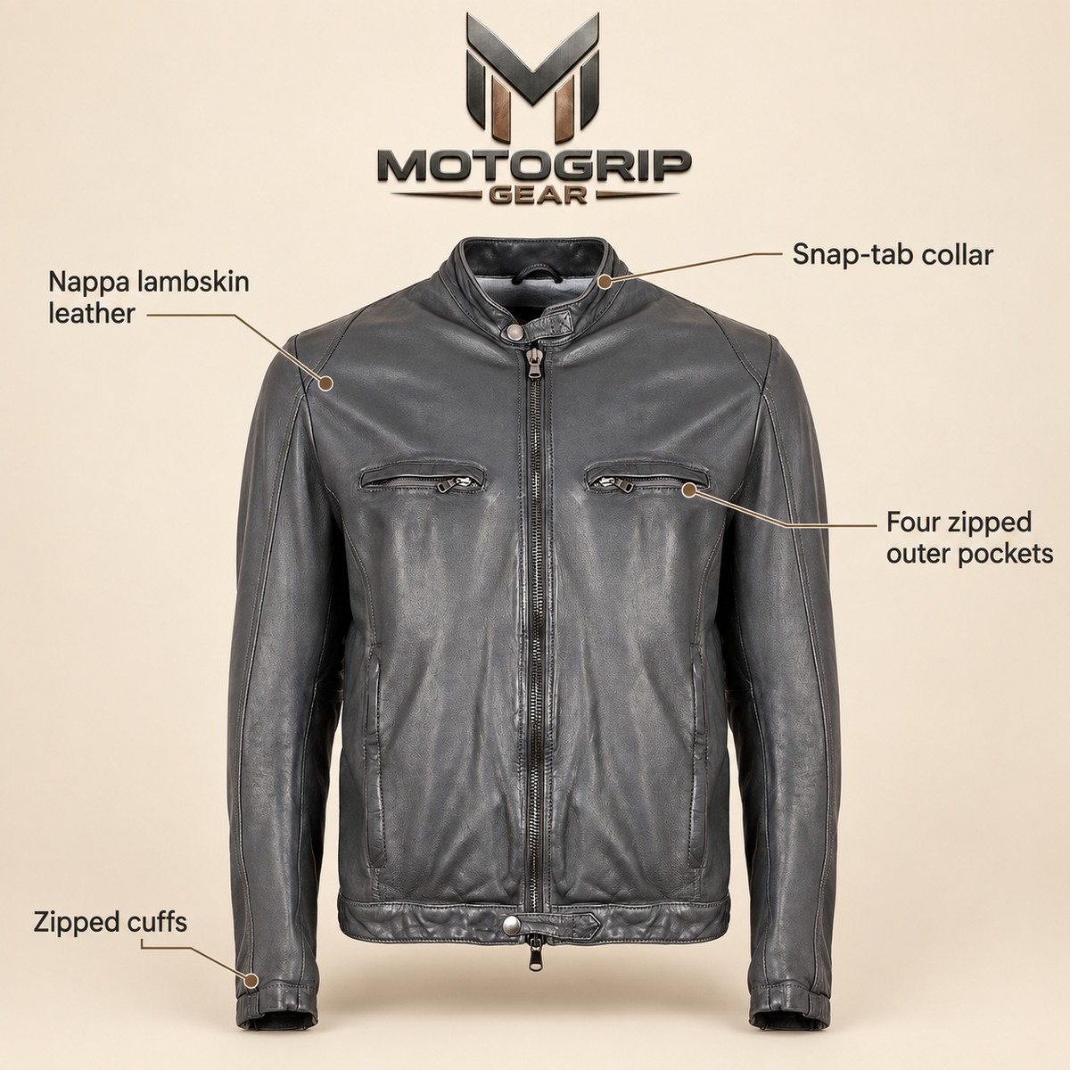 Grey men's snap-collar lambskin biker jacket, infographic.