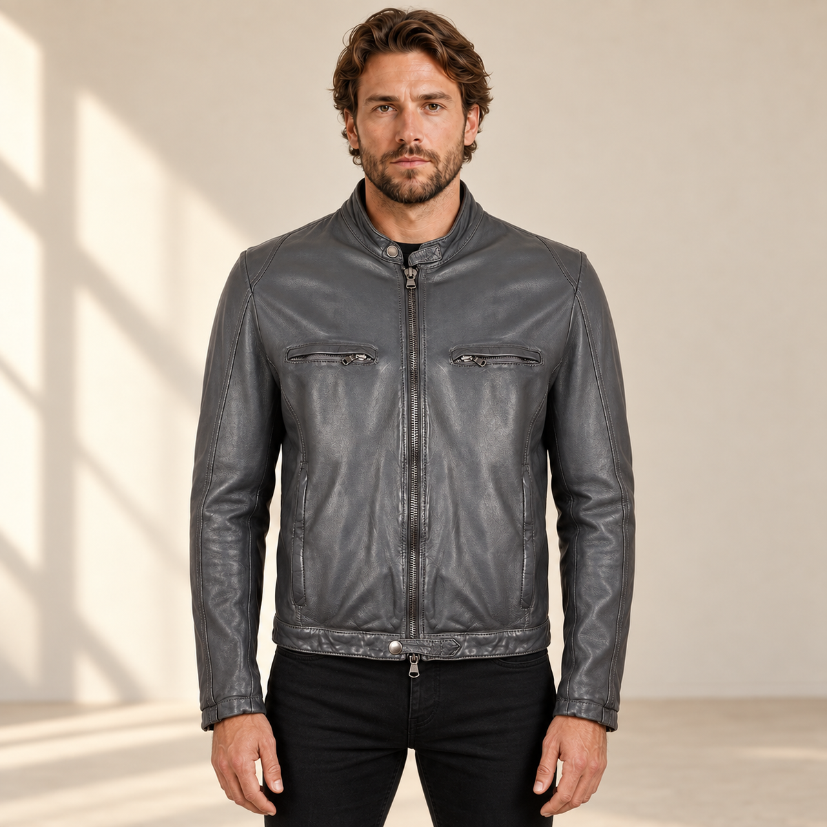 Grey men's snap-collar lambskin biker jacket, model front.