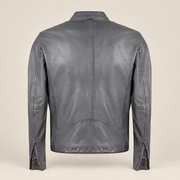 Grey men's snap-collar lambskin biker jacket, product back.