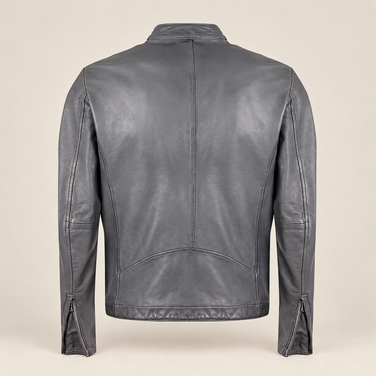 Grey men's snap-collar lambskin biker jacket, product back.