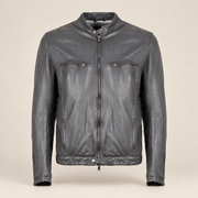 Grey men's snap-collar lambskin biker jacket, product front.