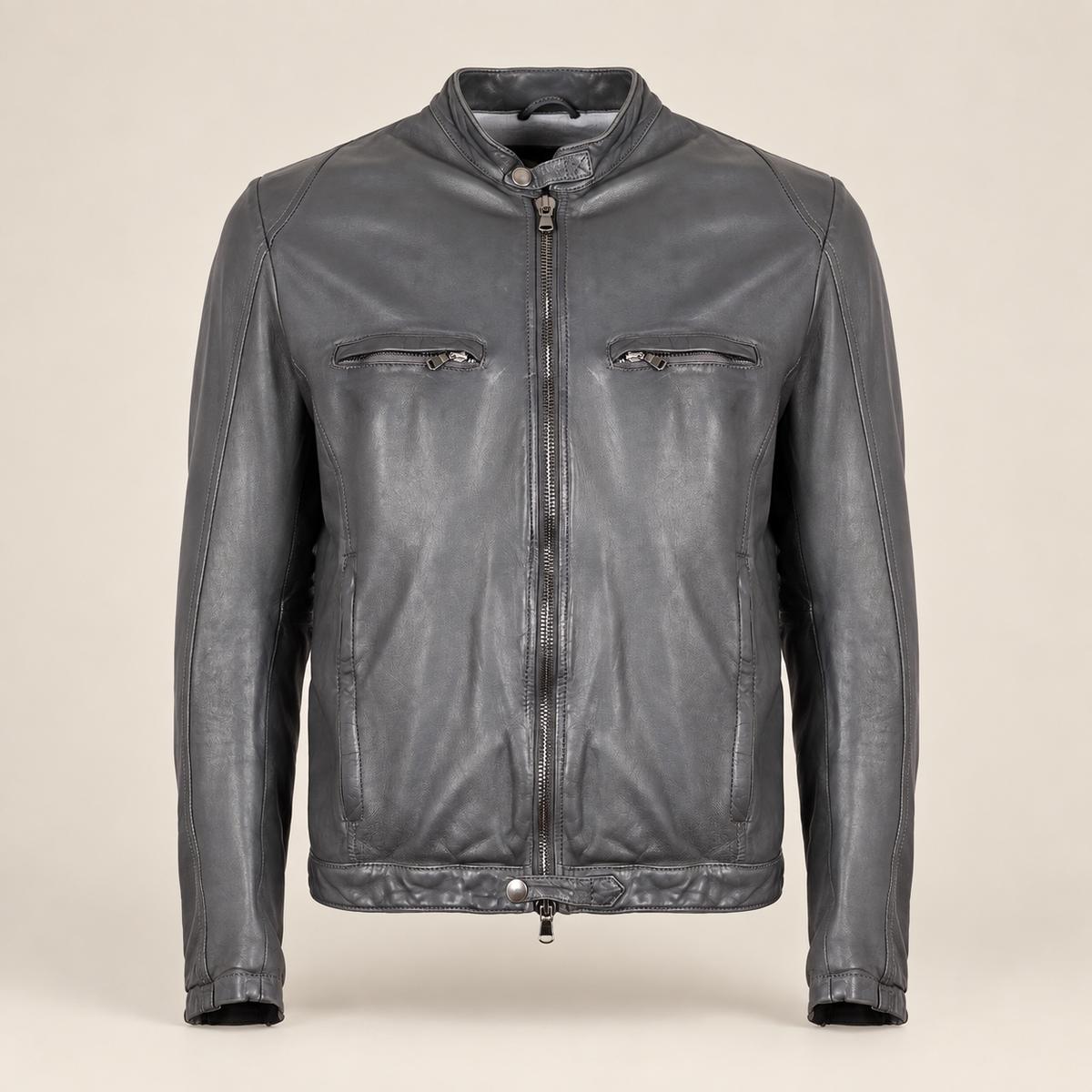 Grey men's snap-collar lambskin biker jacket, product front.