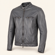 Grey men's snap-collar lambskin biker jacket, side angle.