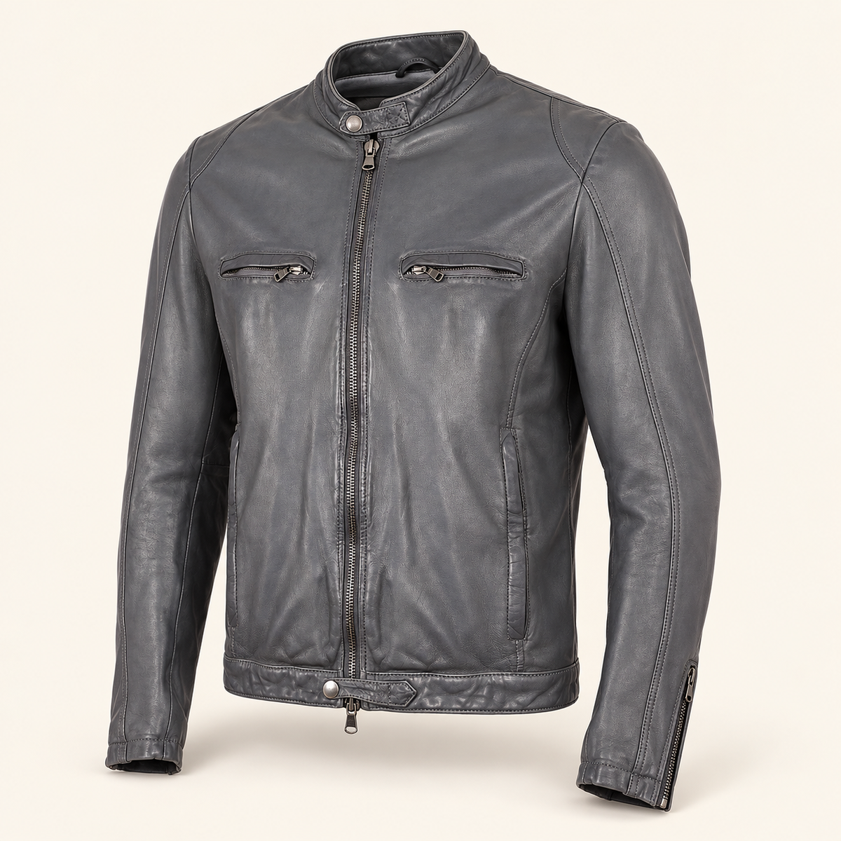 Grey men's snap-collar lambskin biker jacket, side angle.