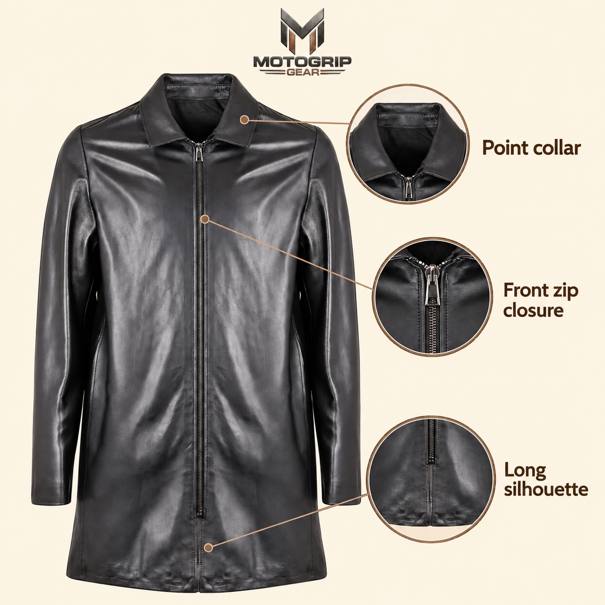 Feature diagram showing visible garment details of the Tarnwick men's black vintage leather trench coat.