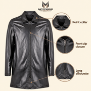 Feature diagram showing visible garment details of the Tarnwick men's black vintage leather trench coat.