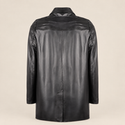 Straight rear product view of the Tarnwick men's black vintage leather trench coat.