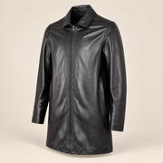 Three-quarter product view of the Tarnwick men's black vintage leather trench coat.