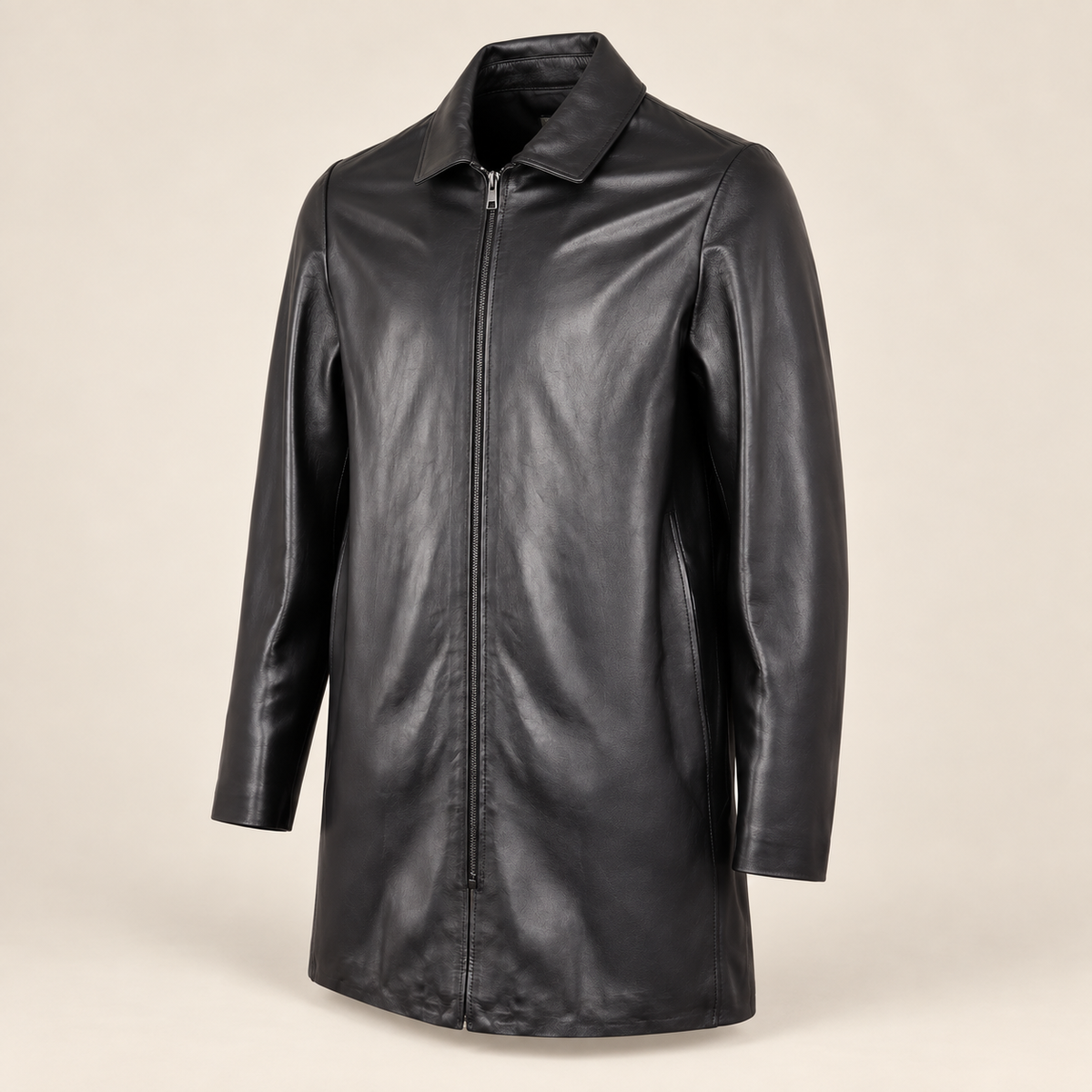 Three-quarter product view of the Tarnwick men's black vintage leather trench coat.