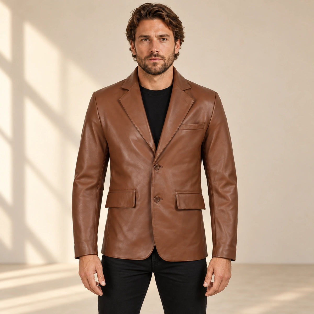 MOTOGRIP Valecrest men's Cognac Brown Sheepskin Leather Blazer, front view on a model.