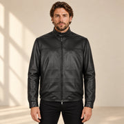 Varden Men's Minimal Lambskin Leather Biker Jacket in black front view on male model
