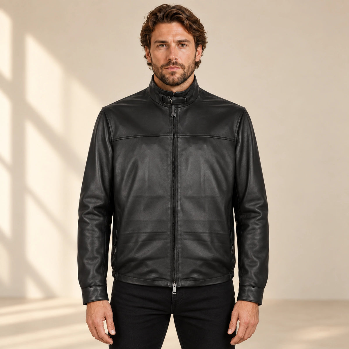 Varden Men's Minimal Lambskin Leather Biker Jacket in black front view on male model