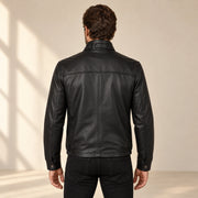 Varden Men's Minimal Lambskin Leather Biker Jacket in black back view on male model