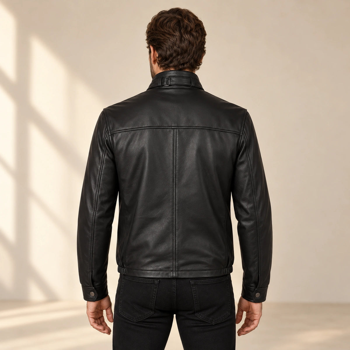 Varden Men's Minimal Lambskin Leather Biker Jacket in black product back