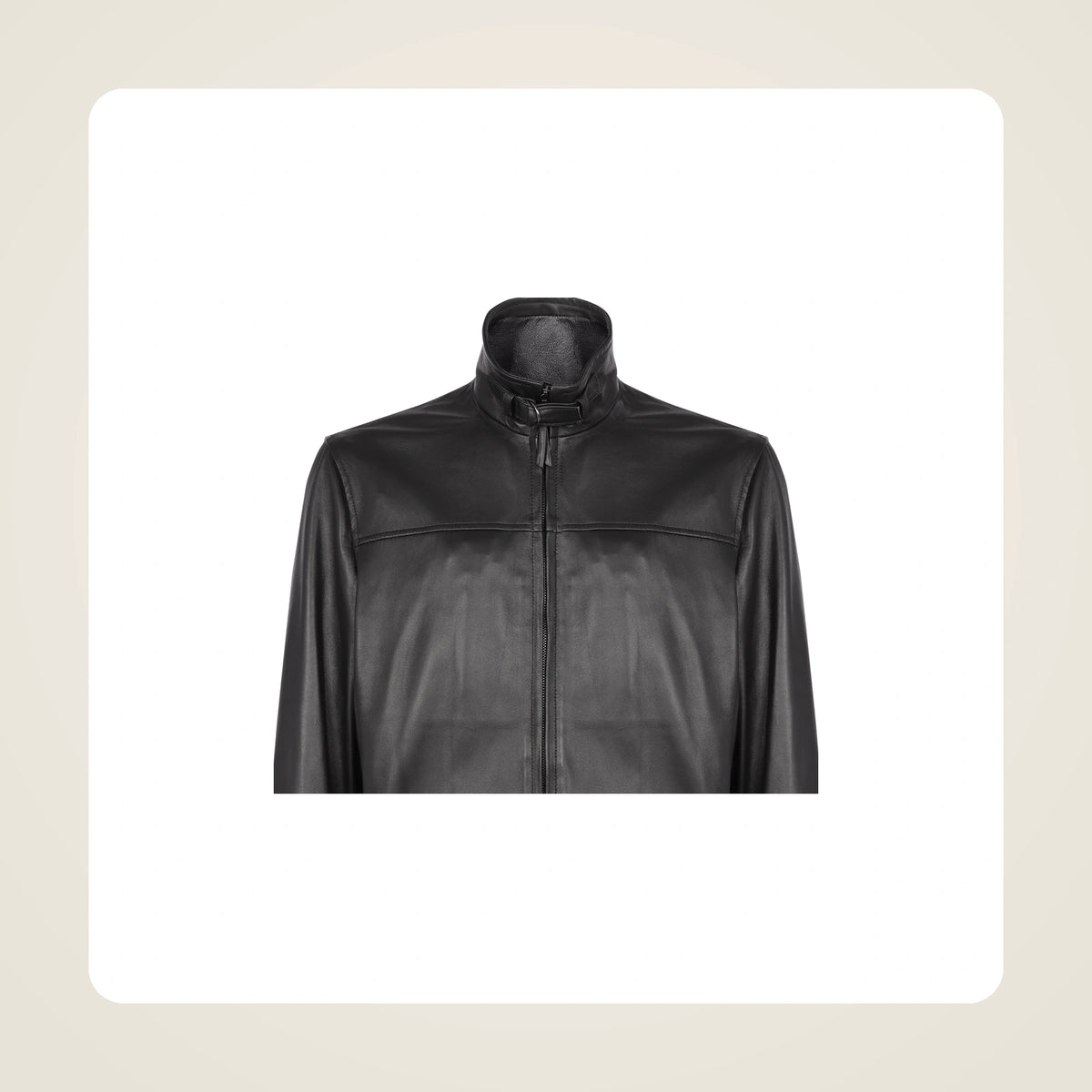 Varden Men's Minimal Lambskin Leather Biker Jacket collar zipper and leather close-up