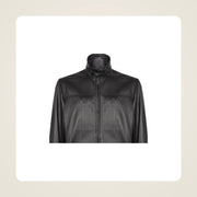 Varden Men's Minimal Lambskin Leather Biker Jacket collar zipper and leather close-up