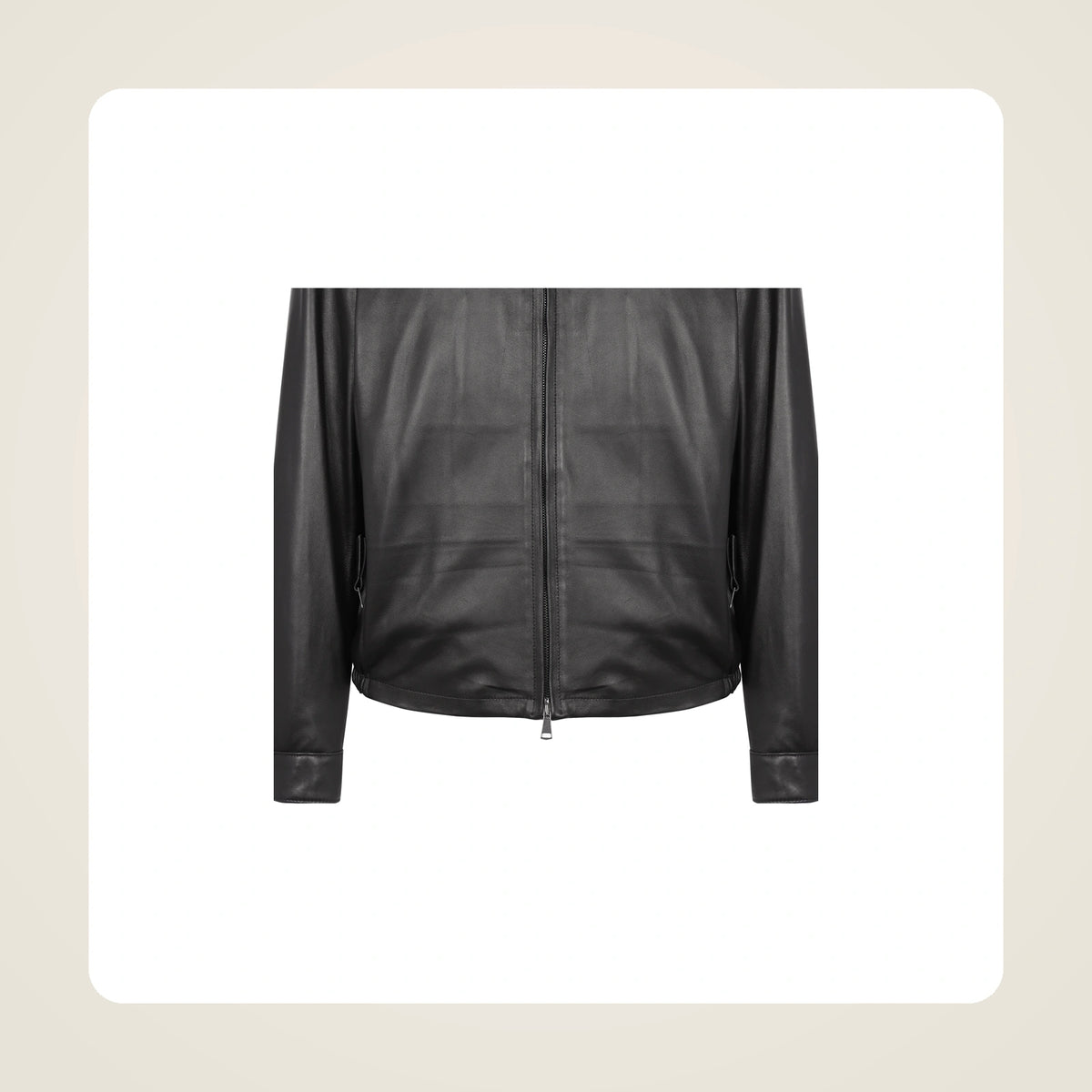 Varden Men's Minimal Lambskin Leather Biker Jacket pocket hem and leather finish detail