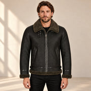 Front model view of the Westford Men's Black & Olive B3 Sheepskin Aviator Jacket