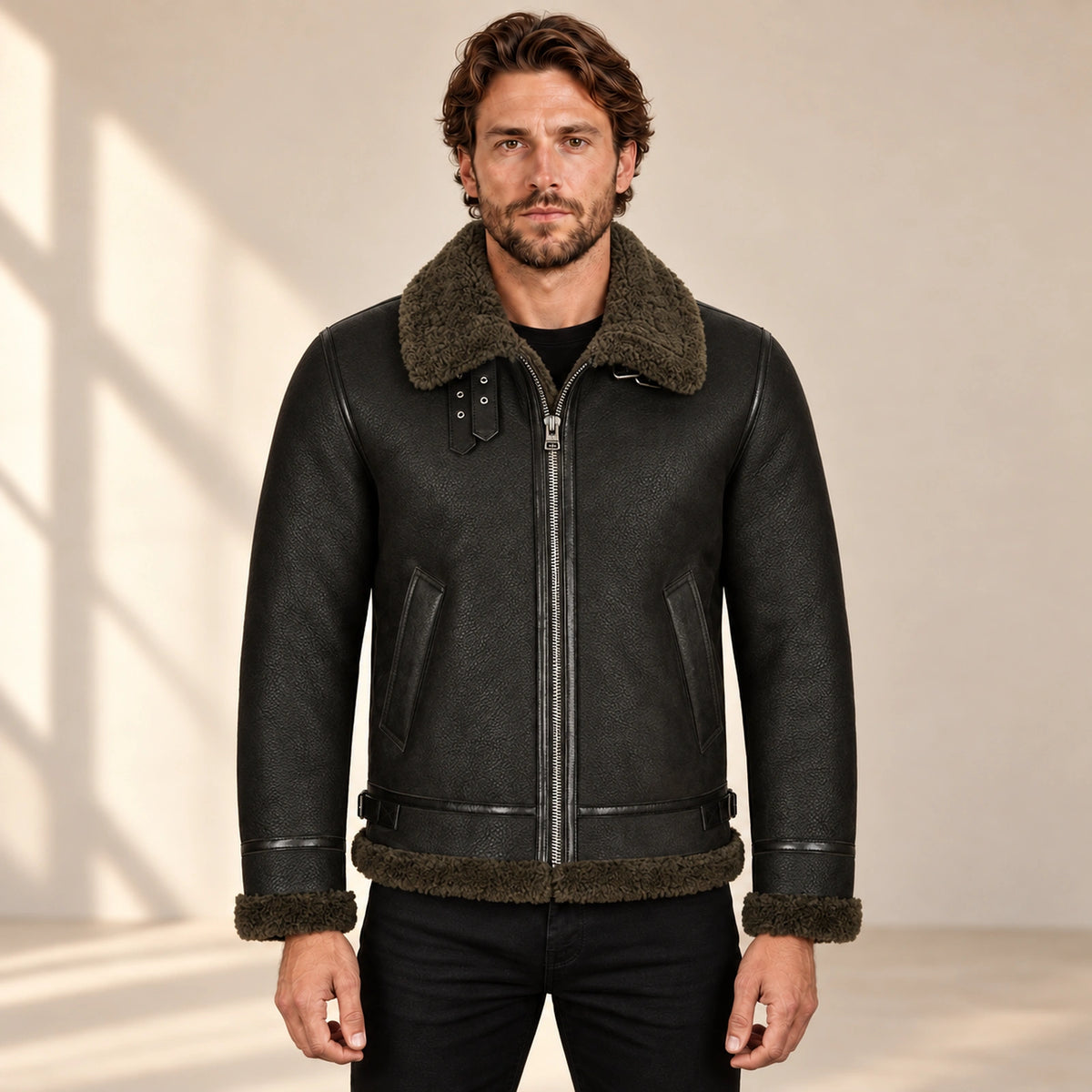 Front model view of the Westford Men's Black & Olive B3 Sheepskin Aviator Jacket