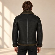 Back model view of the Westford Men's Black & Olive B3 Sheepskin Aviator Jacket