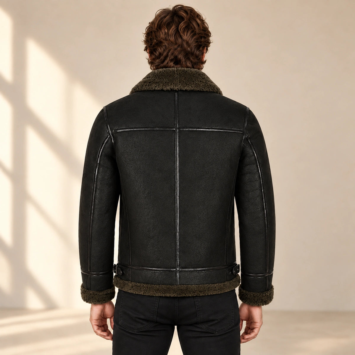 Back model view of the Westford Men's Black & Olive B3 Sheepskin Aviator Jacket