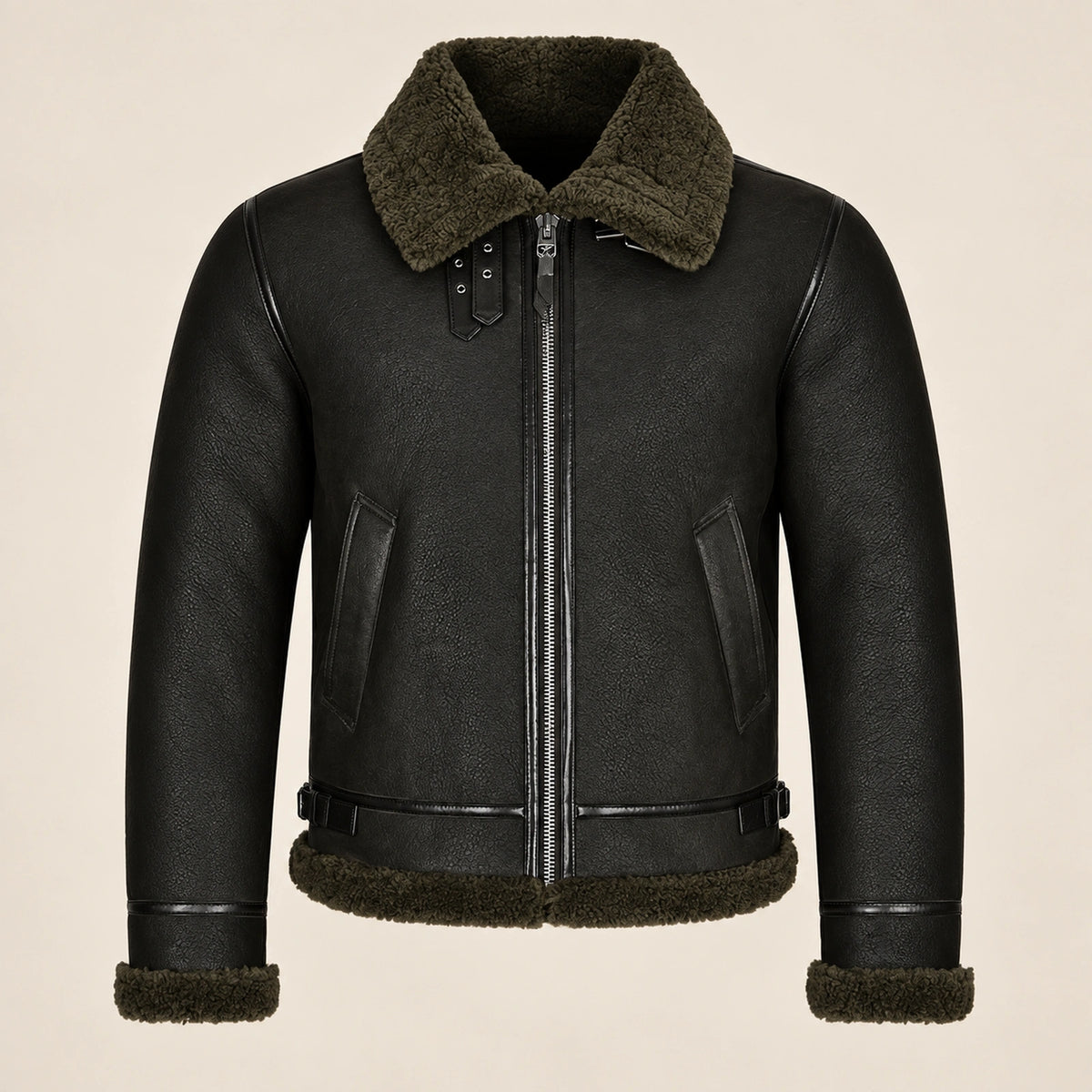 Front product view of the Westford Men's Black & Olive B3 Sheepskin Aviator Jacket