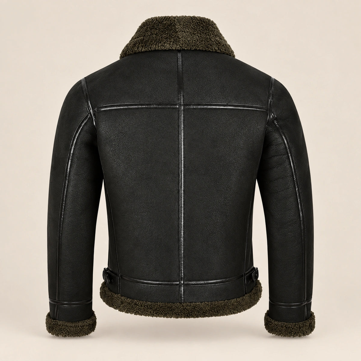 Back product view of the Westford Men's Black & Olive B3 Sheepskin Aviator Jacket