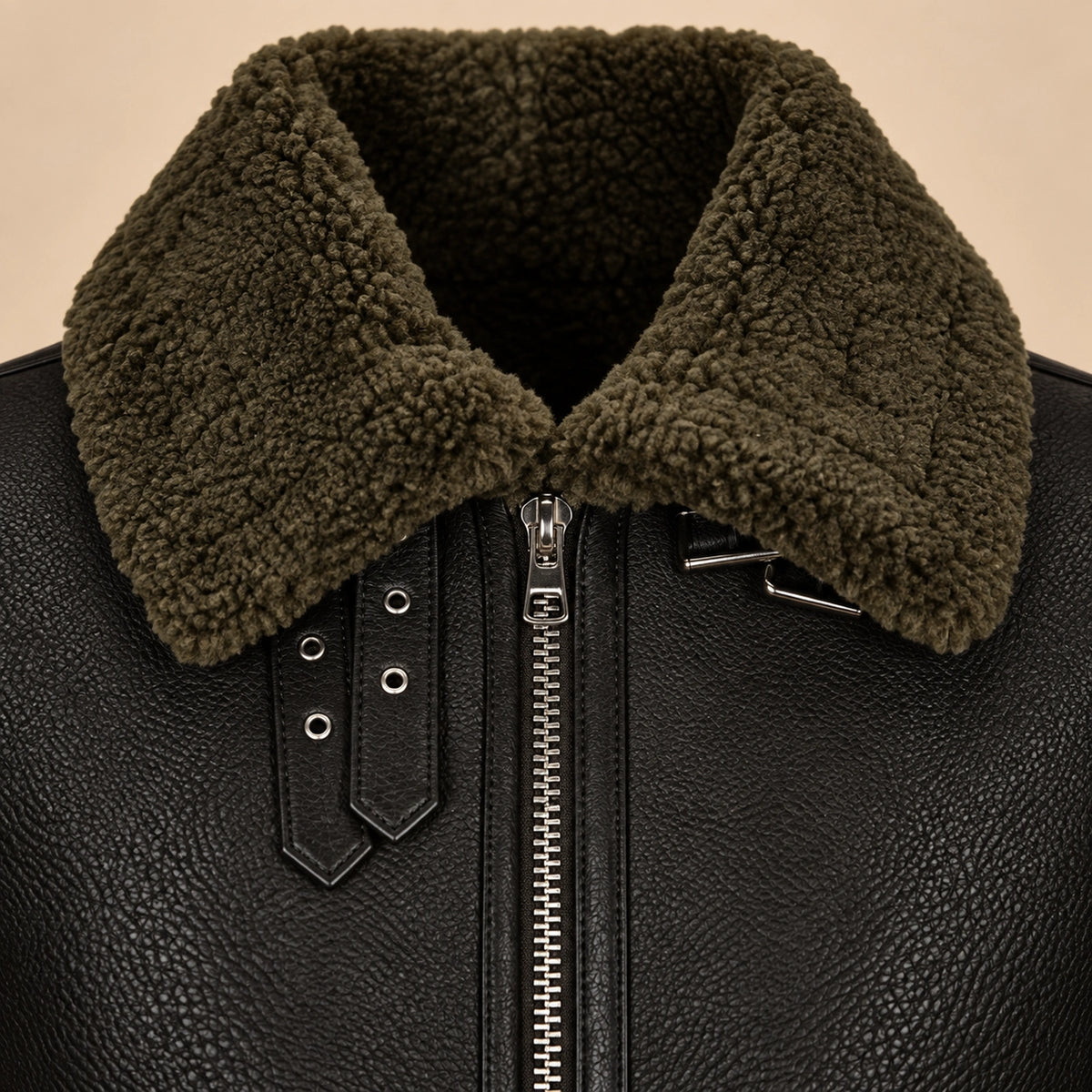 Leather grain and shearling close-up of the Westford Men's Black & Olive B3 Sheepskin Aviator Jacket