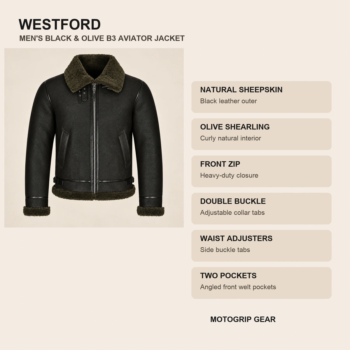 Key design features of the Westford Men's Black & Olive B3 Sheepskin Aviator Jacket