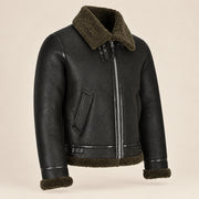 Three-quarter product view of the Westford Men's Black & Olive B3 Sheepskin Aviator Jacket