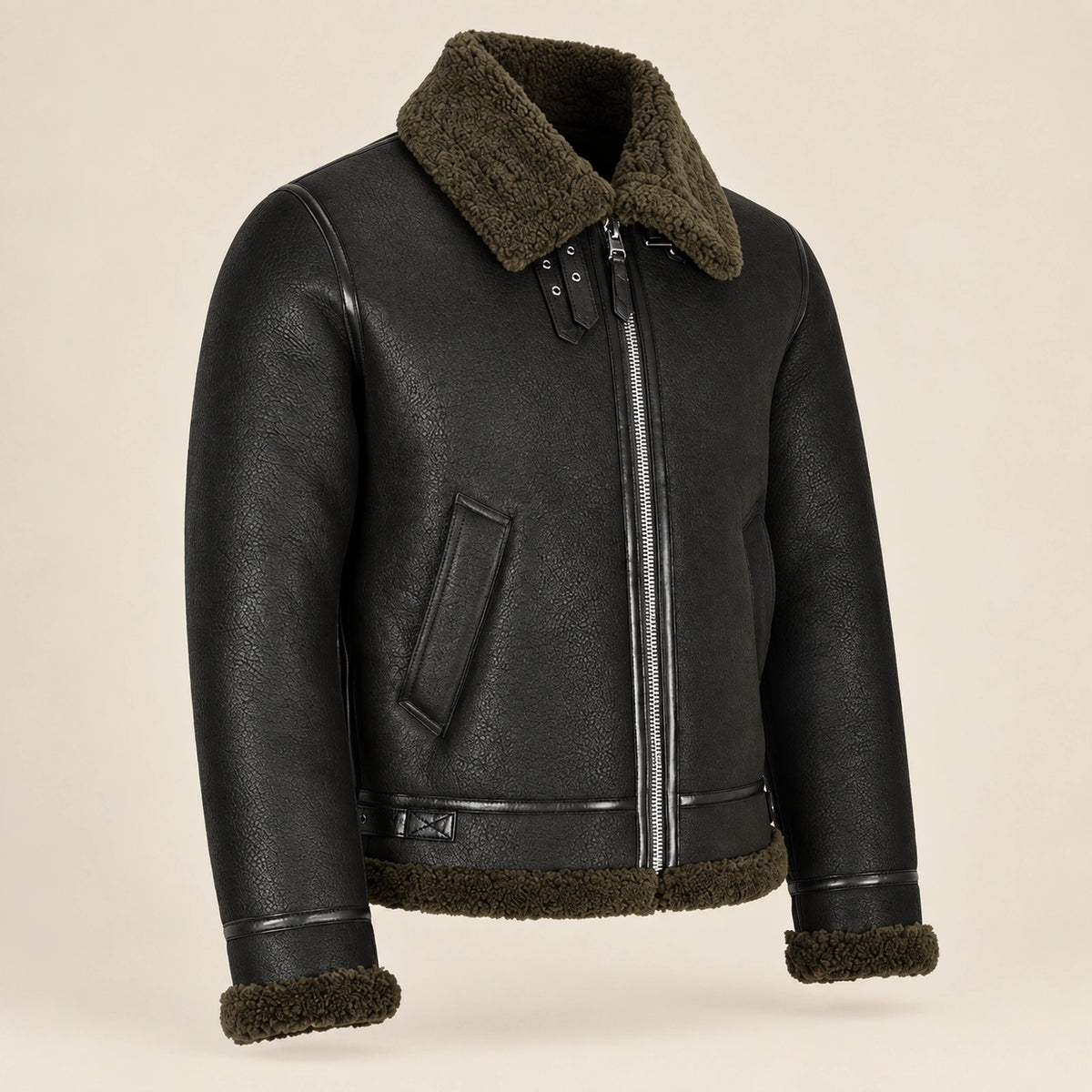 Three-quarter product view of the Westford Men's Black & Olive B3 Sheepskin Aviator Jacket
