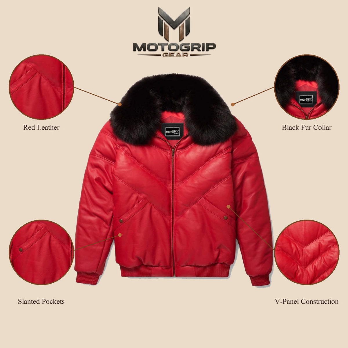 Detail infographic of the MOTOGRIP red lambskin leather puffer jacket, showing its red body with tonal V stitching.