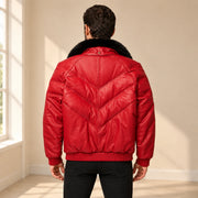 Back model view of the MOTOGRIP red lambskin leather puffer jacket, showing its red body with tonal V stitching.