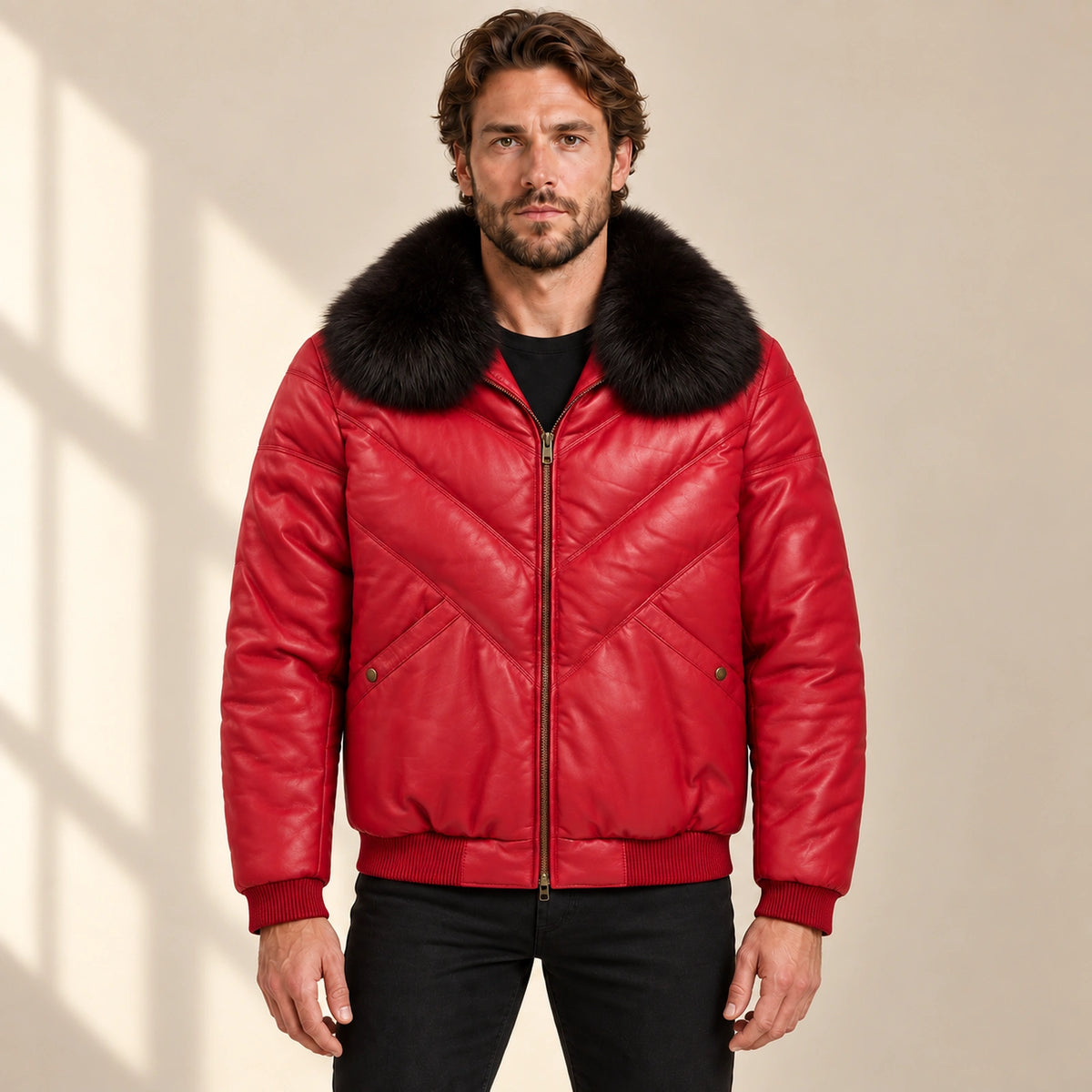Front model view of the MOTOGRIP red lambskin leather puffer jacket, showing its red body with tonal V stitching.