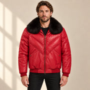 Front model view of the MOTOGRIP red lambskin leather puffer jacket, showing its red body with tonal V stitching.