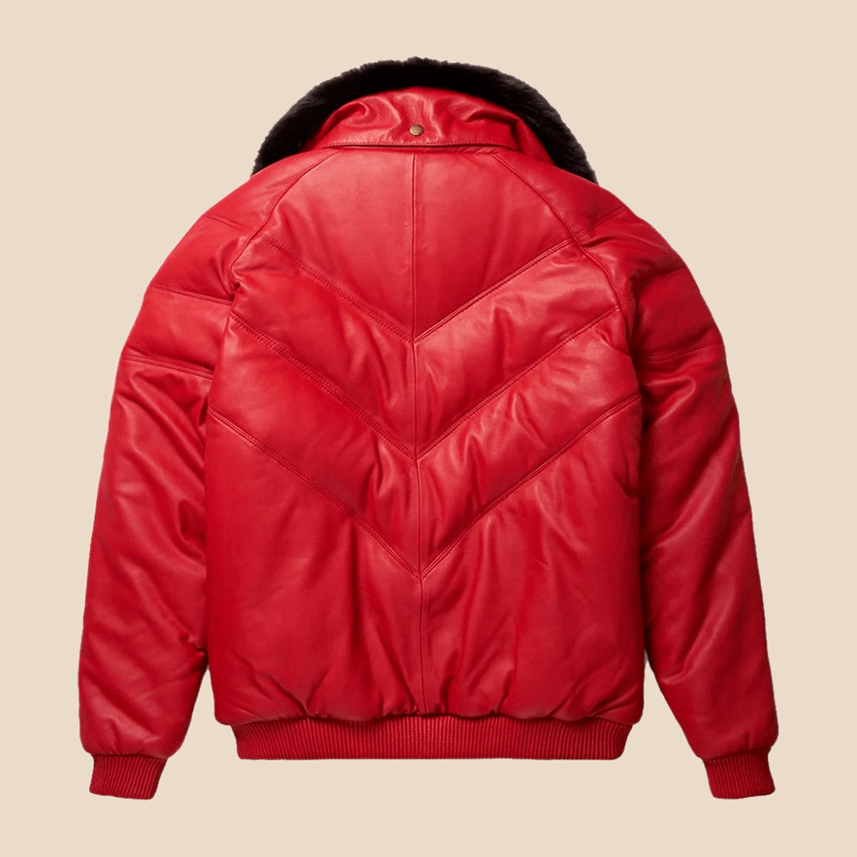 Back view of the MOTOGRIP red lambskin leather puffer jacket, showing its red body with tonal V stitching.